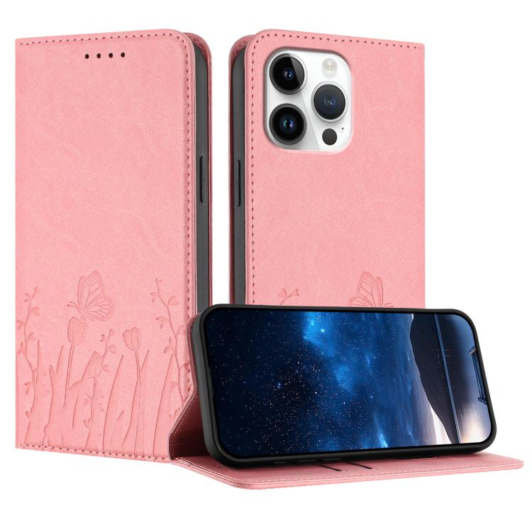 チューリップと蝶柄のマグネット式ヴィーガンレザーiPhoneケース、iPhone Air用、iPhone 16 Pro Max用、iPhone 16 Pro用、iPhone 16 Plus用