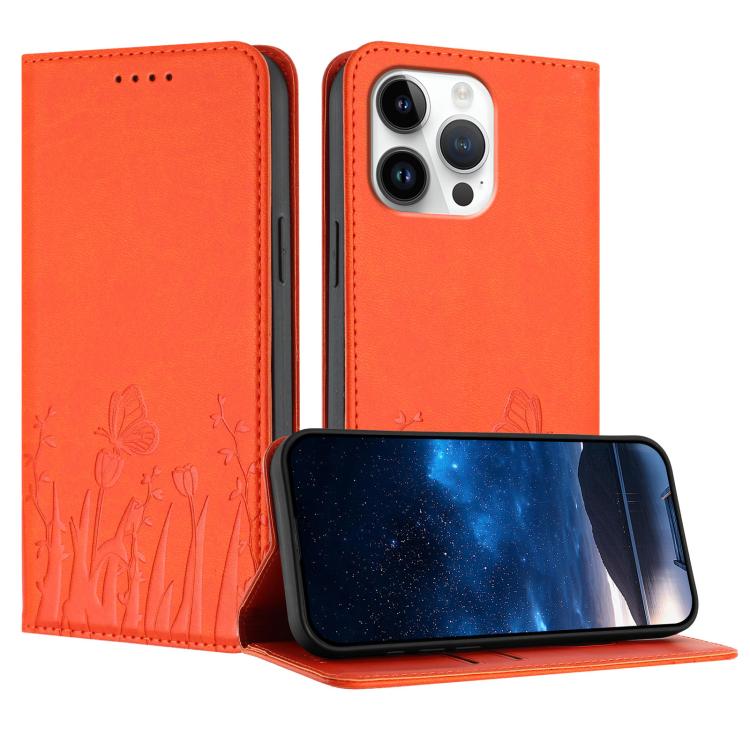 チューリップと蝶柄のマグネット式ヴィーガンレザーiPhoneケース、iPhone Air用、iPhone 16 Pro Max用、iPhone 16 Pro用、iPhone 16 Plus用