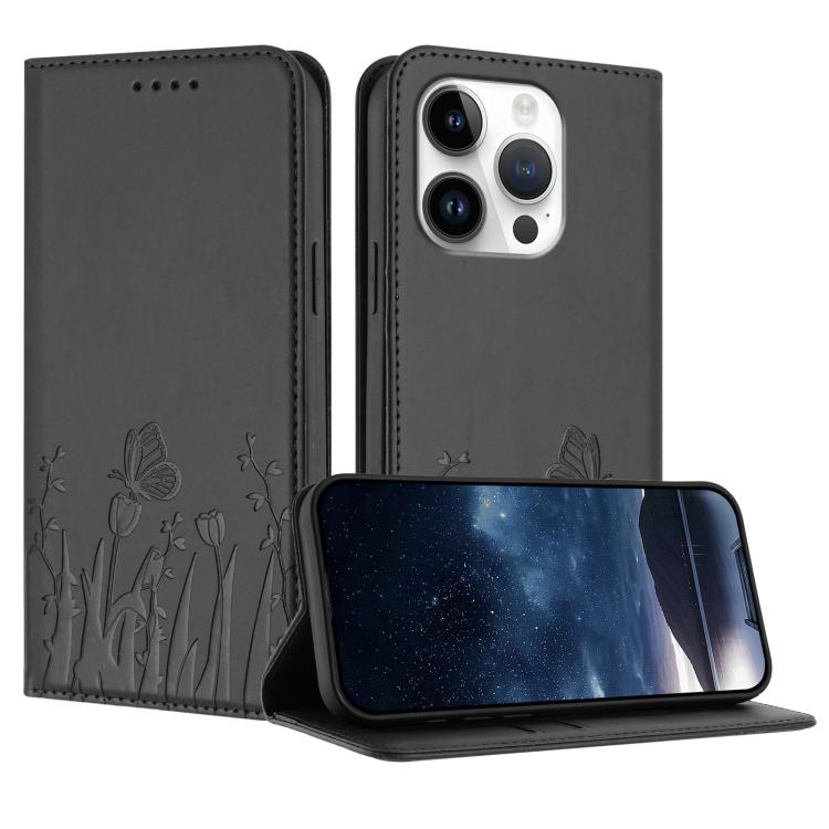 チューリップと蝶柄のマグネット式ヴィーガンレザーiPhoneケース、iPhone Air用、iPhone 16 Pro Max用、iPhone 16 Pro用、iPhone 16 Plus用