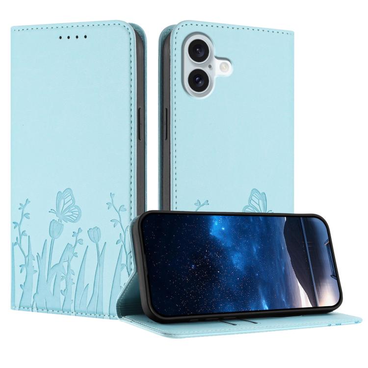 チューリップと蝶柄のマグネット式ヴィーガンレザーiPhoneケース、iPhone Air用、iPhone 16 Pro Max用、iPhone 16 Pro用、iPhone 16 Plus用
