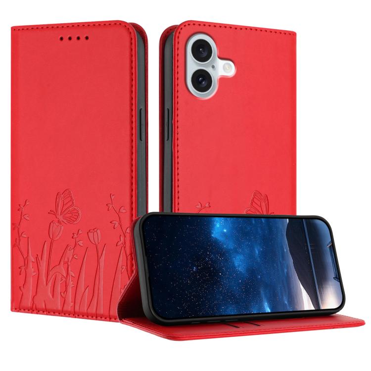 チューリップと蝶柄のマグネット式ヴィーガンレザーiPhoneケース、iPhone Air用、iPhone 16 Pro Max用、iPhone 16 Pro用、iPhone 16 Plus用