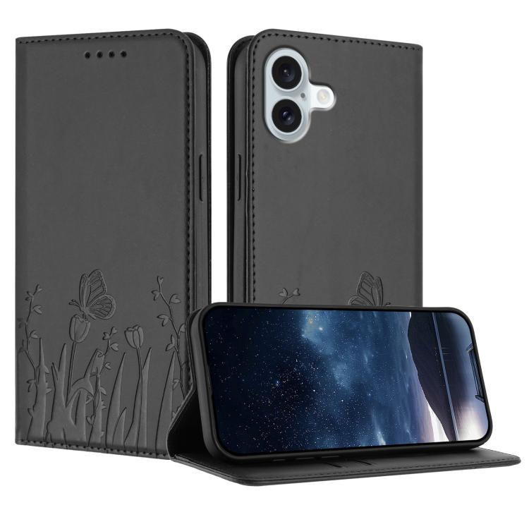チューリップと蝶柄のマグネット式ヴィーガンレザーiPhoneケース、iPhone Air用、iPhone 16 Pro Max用、iPhone 16 Pro用、iPhone 16 Plus用