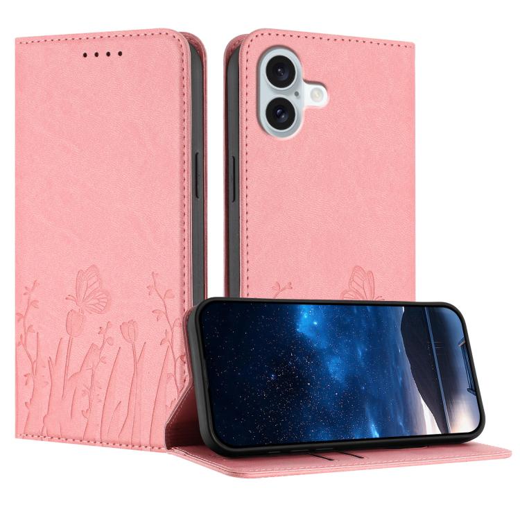 チューリップと蝶柄のマグネット式ヴィーガンレザーiPhoneケース、iPhone Air用、iPhone 16 Pro Max用、iPhone 16 Pro用、iPhone 16 Plus用