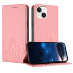 チューリップと蝶柄マグネット式ヴィーガンレザースマホケース、iPhone 15用、iPhone 14 Plus用、iPhone 14用、iPhone 14 Pro用