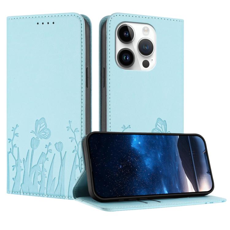 チューリップと蝶柄マグネット式ヴィーガンレザースマホケース、iPhone 15用、iPhone 14 Plus用、iPhone 14用、iPhone 14 Pro用