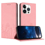 チューリップと蝶柄マグネット式ヴィーガンレザースマホケース、iPhone 15用、iPhone 14 Plus用、iPhone 14用、iPhone 14 Pro用