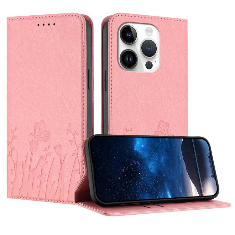 チューリップと蝶柄マグネット式ヴィーガンレザースマホケース、iPhone 15用、iPhone 14 Plus用、iPhone 14用、iPhone 14 Pro用