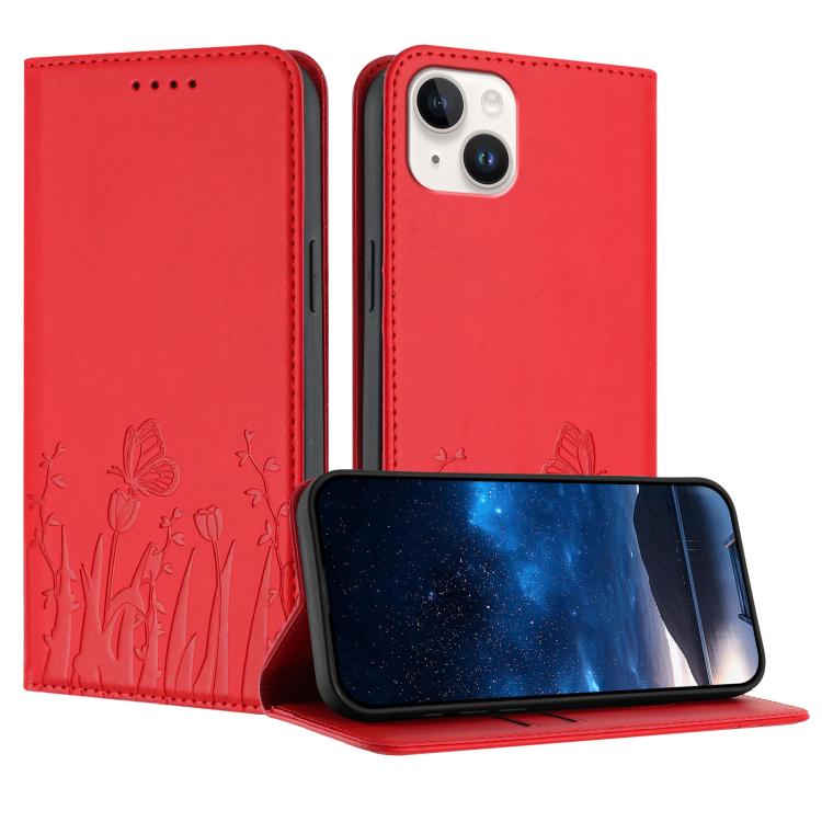 チューリップと蝶柄マグネット式ヴィーガンレザースマホケース、iPhone 15用、iPhone 14 Plus用、iPhone 14用、iPhone 14 Pro用