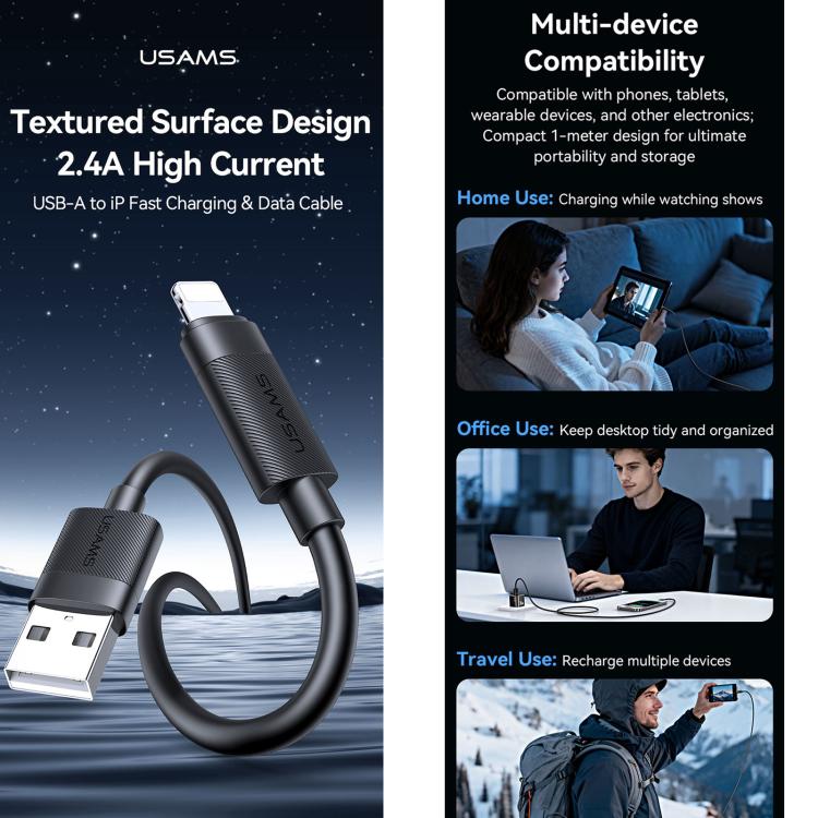USAMS SJ778 U94 USB to 8pin 2.4A 急速充電データケーブル、USB to 8pin