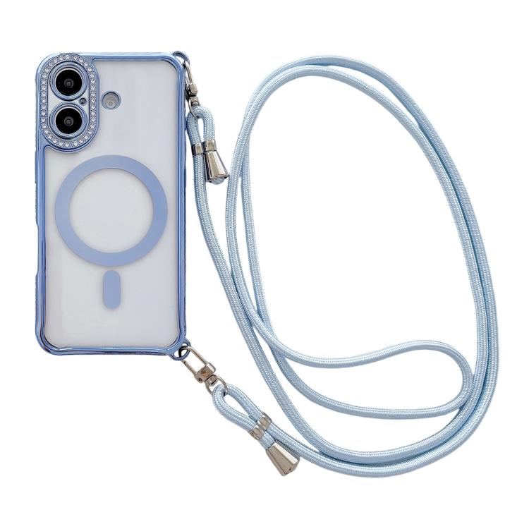 ラインストーンクリアアクリル電気めっきマグネット式iPhoneケース 右側クロスボディストラップ付き、iPhone 17 Pro Max用、iPhone 17 Pro用、iPhone 17用、iPhone Air用、iPhone 16 Pro Max用、iPhone 16 Pro用、iPhone 16 Plus用、iPhone 16用
