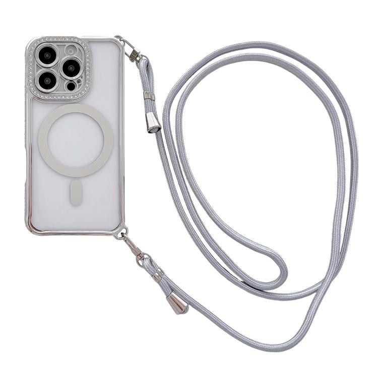 ラインストーンクリアアクリル電気めっきマグネット式iPhoneケース 右側クロスボディストラップ付き、iPhone 17 Pro Max用、iPhone 17 Pro用、iPhone 17用、iPhone Air用、iPhone 16 Pro Max用、iPhone 16 Pro用、iPhone 16 Plus用、iPhone 16用