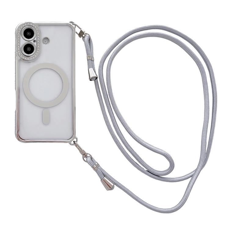 ラインストーンクリアアクリル電気めっきマグネット式iPhoneケース 右側クロスボディストラップ付き、iPhone 17 Pro Max用、iPhone 17 Pro用、iPhone 17用、iPhone Air用、iPhone 16 Pro Max用、iPhone 16 Pro用、iPhone 16 Plus用、iPhone 16用