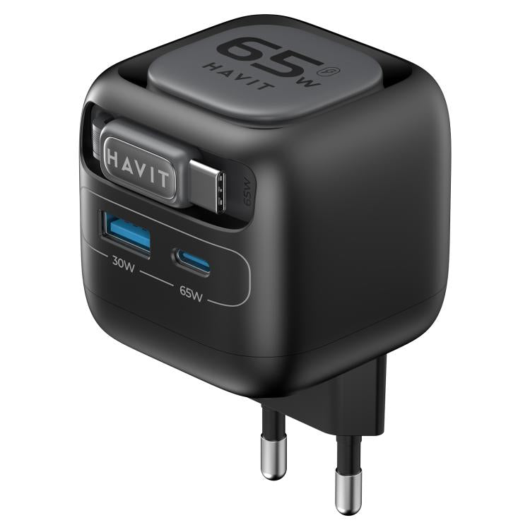 Havit UC253 65W 3-in-1 GaN トラベル充電器 Type-C伸縮ケーブル付き、UC253(EUプラグ)