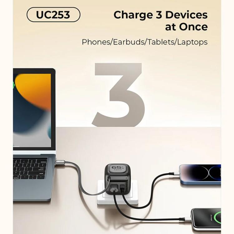Havit UC253 65W 3-in-1 GaN トラベル充電器 Type-C伸縮ケーブル付き、UC253(EUプラグ)