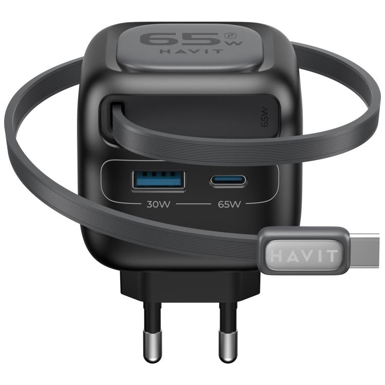 Havit UC253 65W 3-in-1 GaN トラベル充電器 Type-C伸縮ケーブル付き、UC253(EUプラグ)