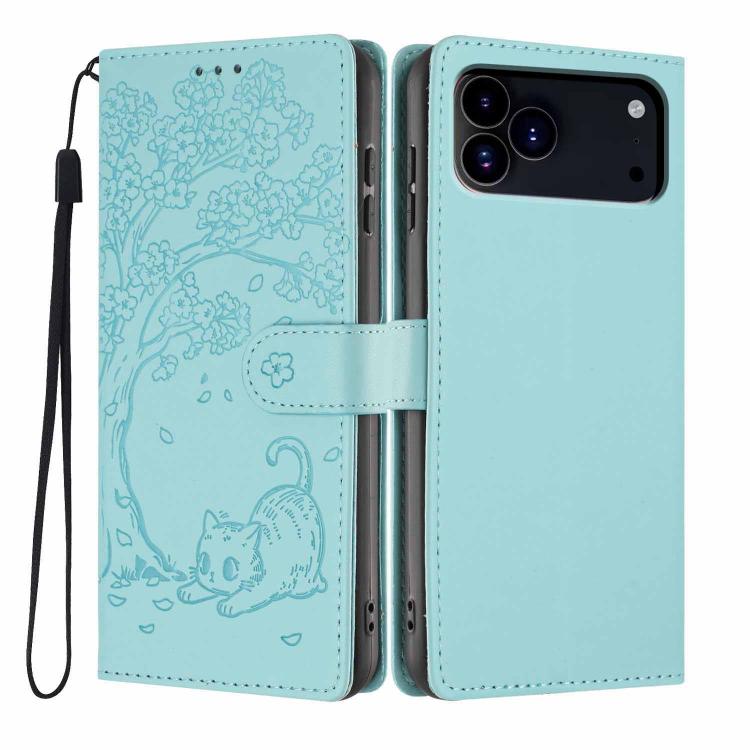 ツリーキャット型押しフリップヴィーガンレザーフォンケース、iPhone 17e / 16e用、iPhone 17 Pro Max用、iPhone 17 Pro用、iPhone 17用、iPhone Air用、iPhone 16 Pro Max用