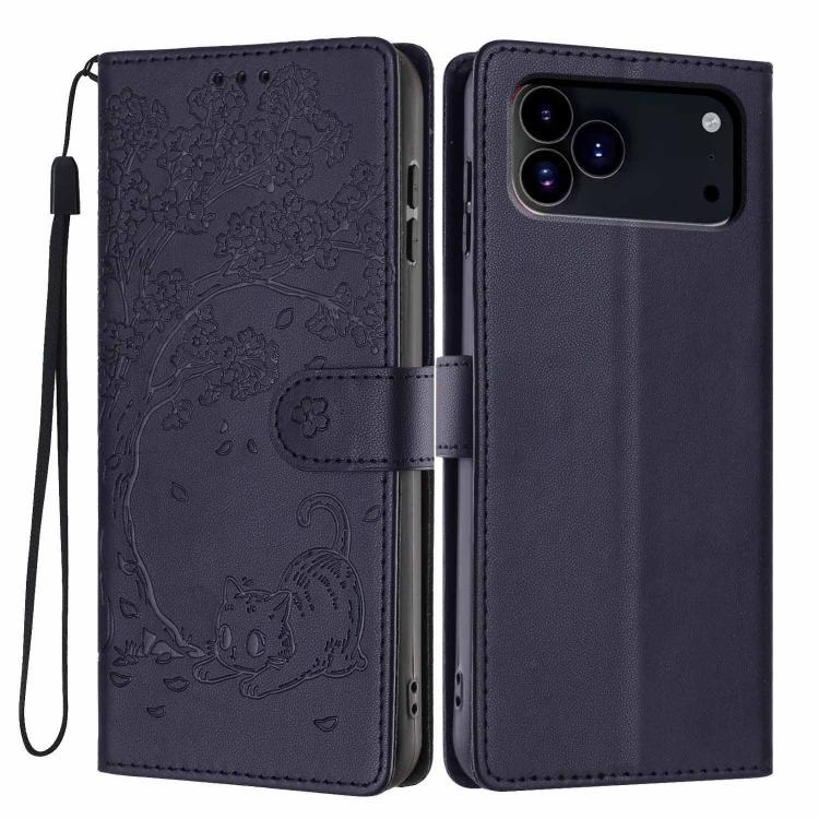 ツリーキャット型押しフリップヴィーガンレザーフォンケース、iPhone 17e / 16e用、iPhone 17 Pro Max用、iPhone 17 Pro用、iPhone 17用、iPhone Air用、iPhone 16 Pro Max用
