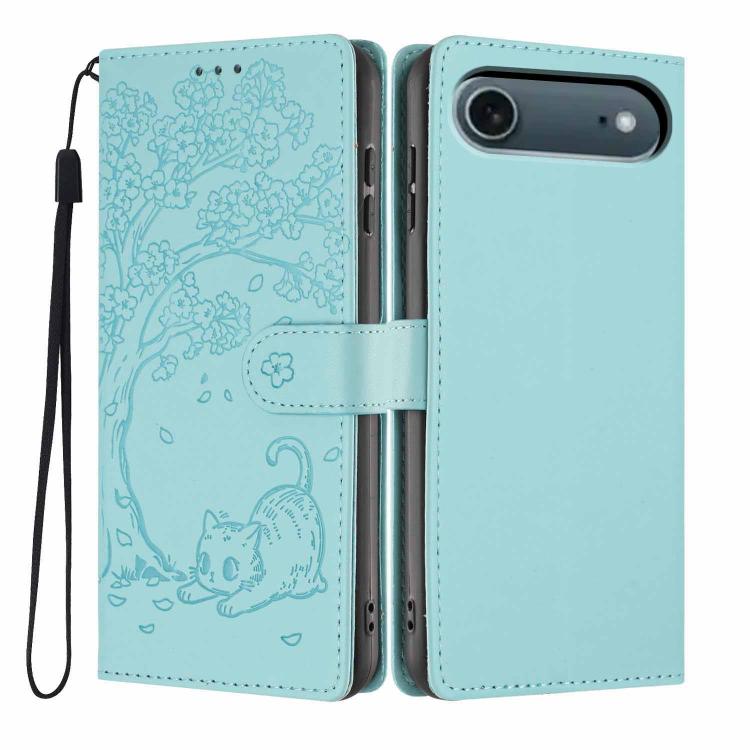 ツリーキャット型押しフリップヴィーガンレザーフォンケース、iPhone 17e / 16e用、iPhone 17 Pro Max用、iPhone 17 Pro用、iPhone 17用、iPhone Air用、iPhone 16 Pro Max用