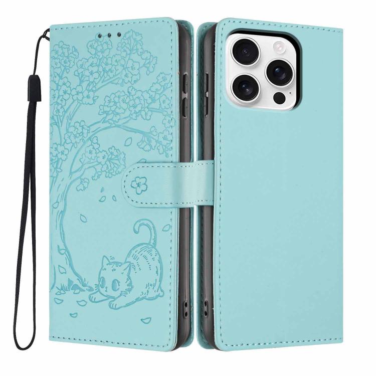 ツリーキャット型押しフリップヴィーガンレザーフォンケース、iPhone 16 Pro用、iPhone 16 Plus用、iPhone 16用、iPhone 15 Pro Max用、iPhone 15 Pro用、iPhone 15 Plus用