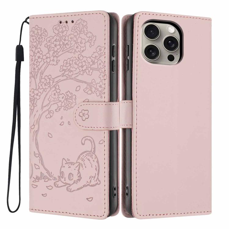 ツリーキャット型押しフリップヴィーガンレザーフォンケース、iPhone 16 Pro用、iPhone 16 Plus用、iPhone 16用、iPhone 15 Pro Max用、iPhone 15 Pro用、iPhone 15 Plus用