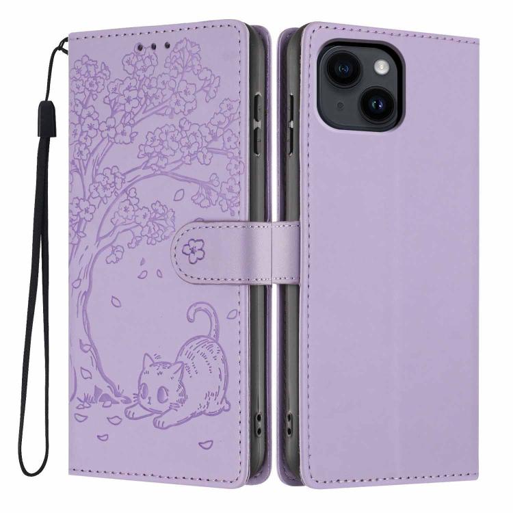 ツリーキャット型押しフリップヴィーガンレザー携帯ケース、iPhone 15用、iPhone 14 Plus用、iPhone 14用、iPhone 14 Pro用、iPhone 14 Pro Max用、iPhone 13 Pro Max用