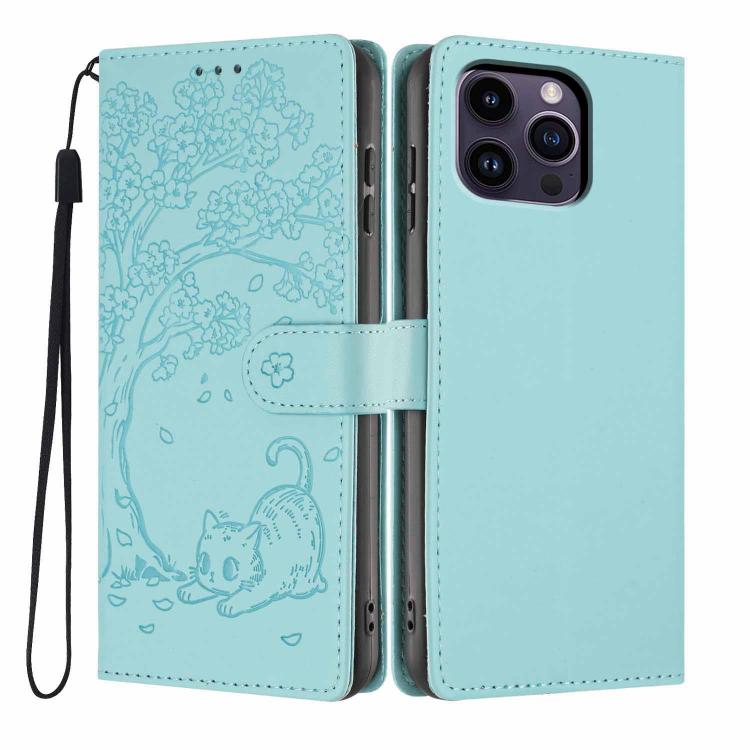 ツリーキャット型押しフリップヴィーガンレザー携帯ケース、iPhone 15用、iPhone 14 Plus用、iPhone 14用、iPhone 14 Pro用、iPhone 14 Pro Max用、iPhone 13 Pro Max用