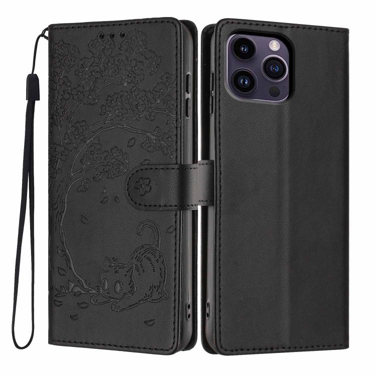 ツリーキャット型押しフリップヴィーガンレザー携帯ケース、iPhone 15用、iPhone 14 Plus用、iPhone 14用、iPhone 14 Pro用、iPhone 14 Pro Max用、iPhone 13 Pro Max用