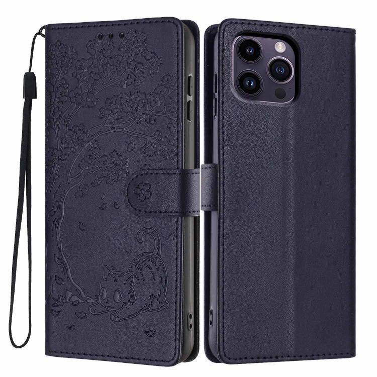 ツリーキャット型押しフリップヴィーガンレザー携帯ケース、iPhone 15用、iPhone 14 Plus用、iPhone 14用、iPhone 14 Pro用、iPhone 14 Pro Max用、iPhone 13 Pro Max用