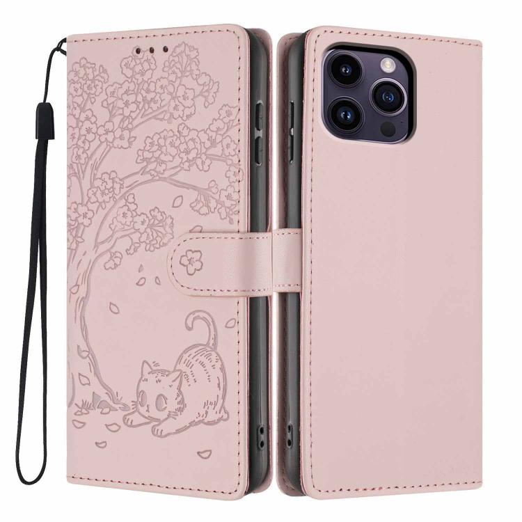 ツリーキャット型押しフリップヴィーガンレザー携帯ケース、iPhone 15用、iPhone 14 Plus用、iPhone 14用、iPhone 14 Pro用、iPhone 14 Pro Max用、iPhone 13 Pro Max用