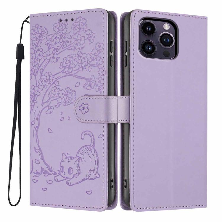 ツリーキャット型押しフリップヴィーガンレザー携帯ケース、iPhone 15用、iPhone 14 Plus用、iPhone 14用、iPhone 14 Pro用、iPhone 14 Pro Max用、iPhone 13 Pro Max用