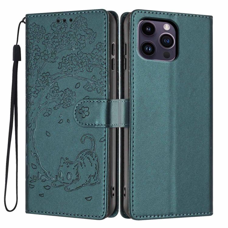 ツリーキャット型押しフリップヴィーガンレザー携帯ケース、iPhone 15用、iPhone 14 Plus用、iPhone 14用、iPhone 14 Pro用、iPhone 14 Pro Max用、iPhone 13 Pro Max用