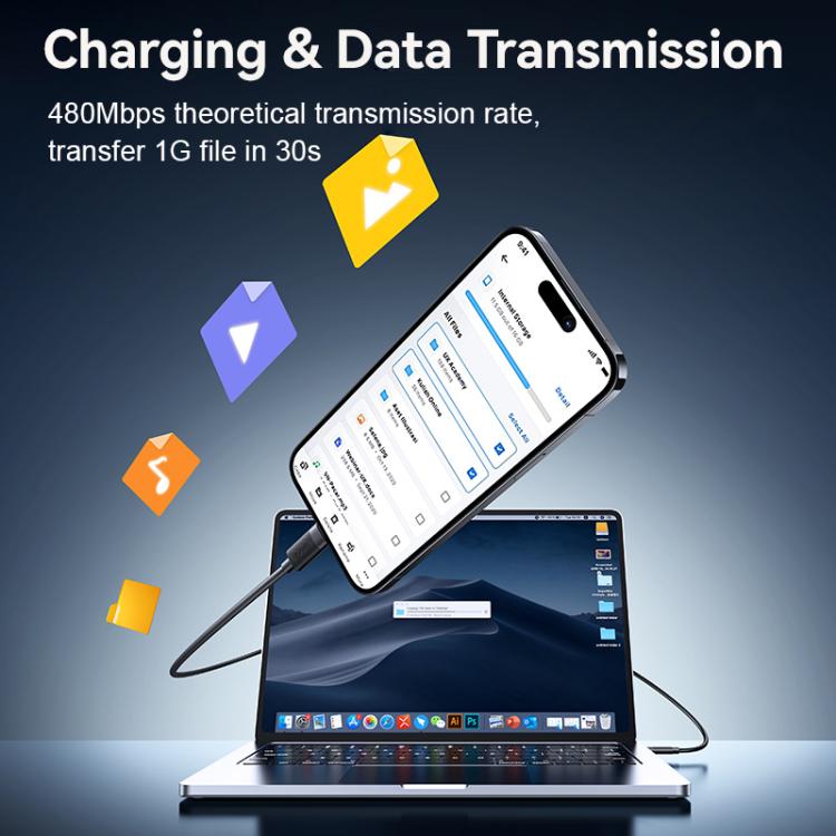 USAMS SJ781 U94 USB-C / Type-C から 8ピン PD30W 急速充電データケーブル、1m