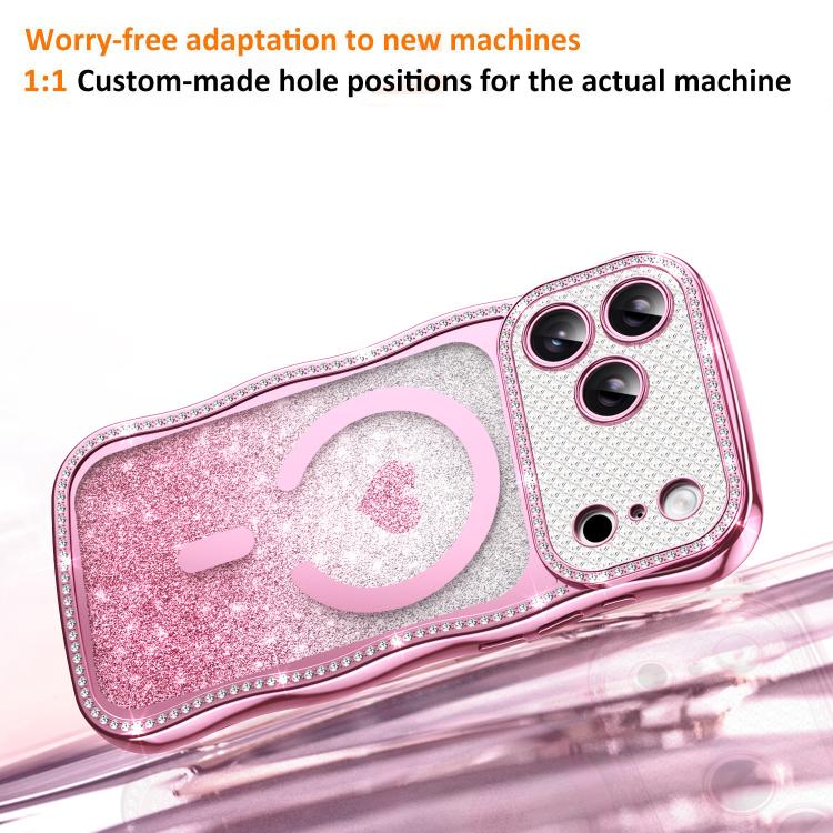 ウェービーフレームスター ダイヤモンド電気めっきTPUグリッターハート磁気フォンケース、iPhone 17 Pro Max用、iPhone 17 Pro用、iPhone 17用、iPhone 16 Pro Max用、iPhone 16 Pro用、iPhone 16用