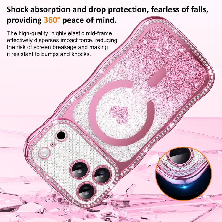 ウェービーフレームスター ダイヤモンド電気めっきTPUグリッターハート磁気フォンケース、iPhone 17 Pro Max用、iPhone 17 Pro用、iPhone 17用、iPhone 16 Pro Max用、iPhone 16 Pro用、iPhone 16用