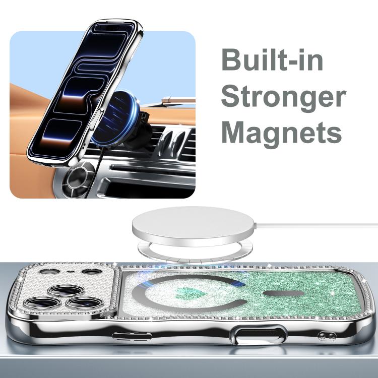 ウェービーフレームスター ダイヤモンド電気めっきTPUグリッターハート磁気フォンケース、iPhone 17 Pro Max用、iPhone 17 Pro用、iPhone 17用、iPhone 16 Pro Max用、iPhone 16 Pro用、iPhone 16用