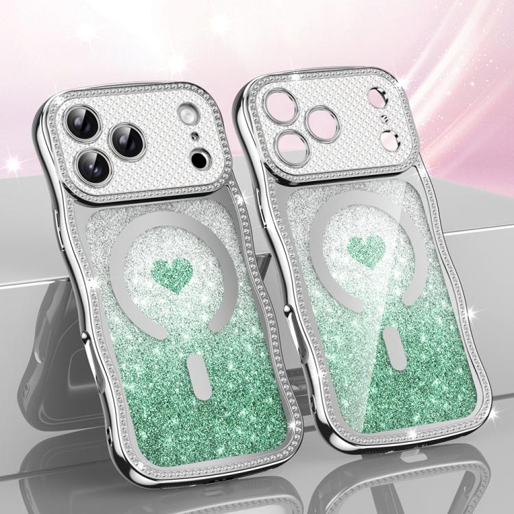 ウェービーフレームスター ダイヤモンド電気めっきTPUグリッターハート磁気フォンケース、iPhone 17 Pro Max用、iPhone 17 Pro用、iPhone 17用、iPhone 16 Pro Max用、iPhone 16 Pro用、iPhone 16用