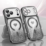 ウェービーフレームスター ダイヤモンド電気めっきTPUグリッターハート磁気フォンケース、iPhone 17 Pro Max用、iPhone 17 Pro用、iPhone 17用、iPhone 16 Pro Max用、iPhone 16 Pro用、iPhone 16用