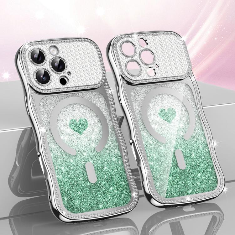 ウェービーフレームスター ダイヤモンド電気めっきTPUグリッターハート磁気フォンケース、iPhone 17 Pro Max用、iPhone 17 Pro用、iPhone 17用、iPhone 16 Pro Max用、iPhone 16 Pro用、iPhone 16用