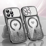 ウェービーフレームスター ダイヤモンド電気めっきTPUグリッターハート磁気フォンケース、iPhone 17 Pro Max用、iPhone 17 Pro用、iPhone 17用、iPhone 16 Pro Max用、iPhone 16 Pro用、iPhone 16用