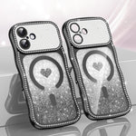 ウェービーフレームスター ダイヤモンド電気めっきTPUグリッターハート磁気フォンケース、iPhone 17 Pro Max用、iPhone 17 Pro用、iPhone 17用、iPhone 16 Pro Max用、iPhone 16 Pro用、iPhone 16用