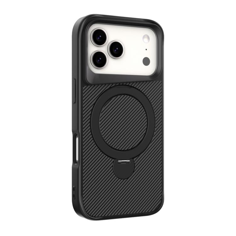 カーボンファイバー質感360 MagSafeホルダーフォンケース、iPhone 17 Pro Max用