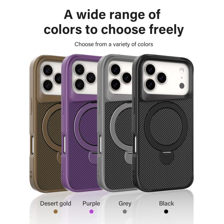 カーボンファイバー質感360 MagSafeホルダーフォンケース、iPhone 17 Pro Max用