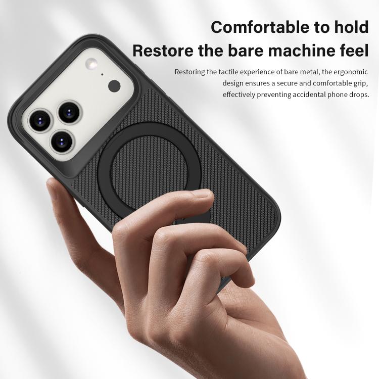 カーボンファイバー質感360 MagSafeホルダーフォンケース、iPhone 17 Pro Max用