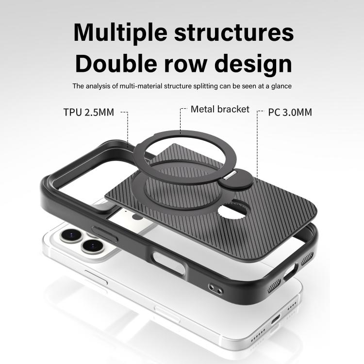 カーボンファイバー質感360 MagSafeホルダーフォンケース、iPhone 17 Pro Max用