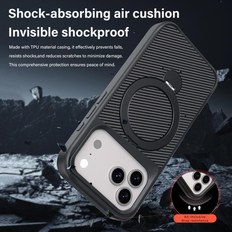 カーボンファイバー質感360 MagSafeホルダーフォンケース、iPhone 17 Pro Max用