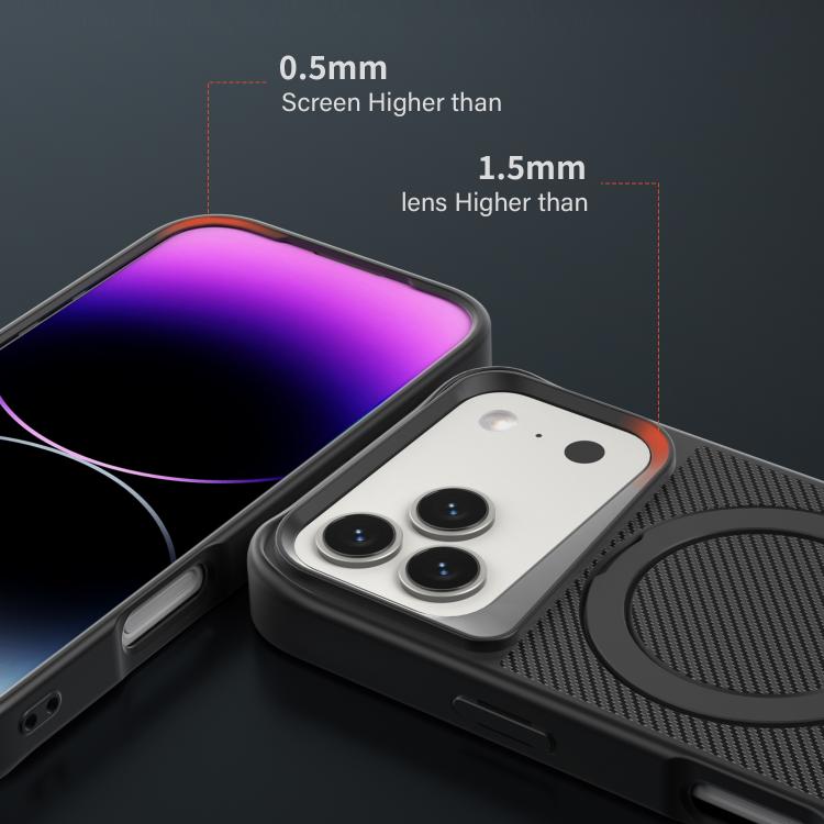 カーボンファイバー質感360 MagSafeホルダーフォンケース、iPhone 17 Pro Max用