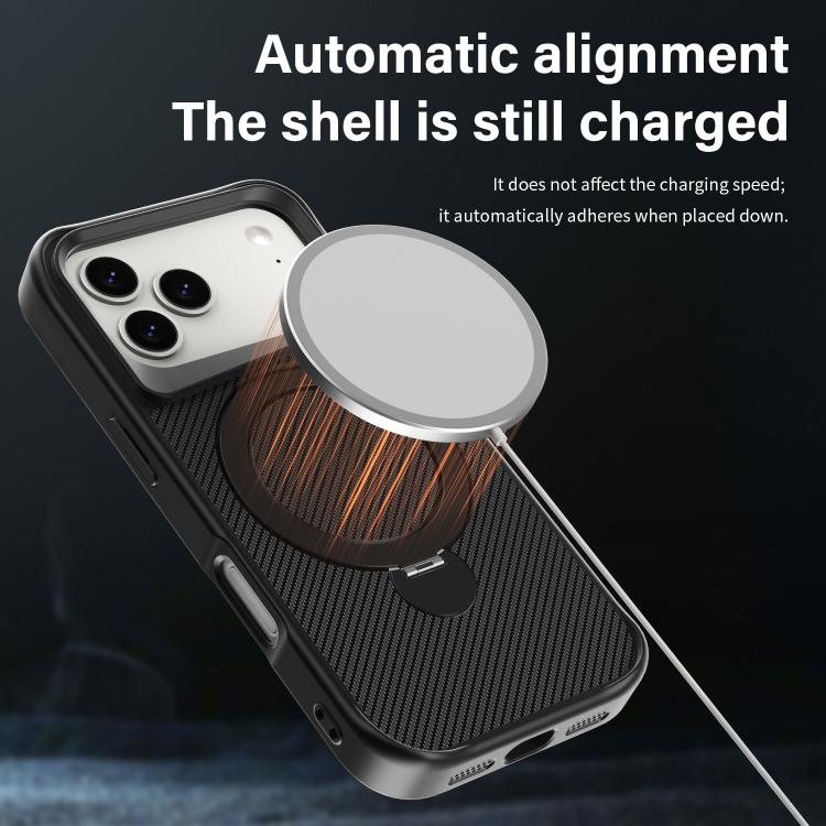 カーボンファイバー質感360 MagSafeホルダーフォンケース、iPhone 17 Pro Max用