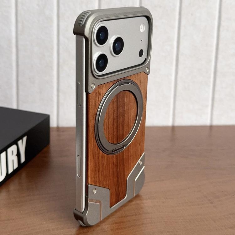 アーマー クルミ材 メタルフレームレス 360度回転ホルダー 磁気スマホケース、iPhone 17 Pro Max用、iPhone 17 Pro用