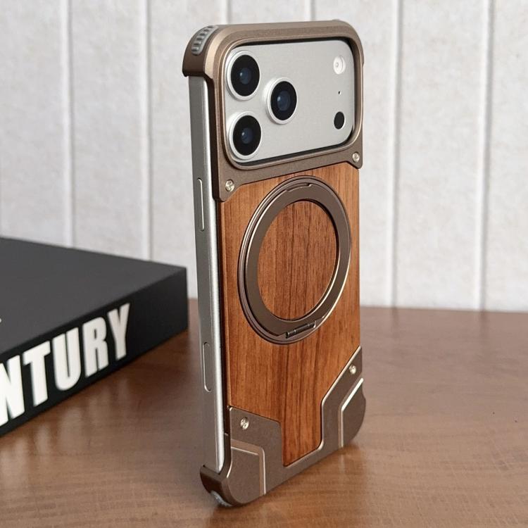 アーマー クルミ材 メタルフレームレス 360度回転ホルダー 磁気スマホケース、iPhone 17 Pro Max用、iPhone 17 Pro用