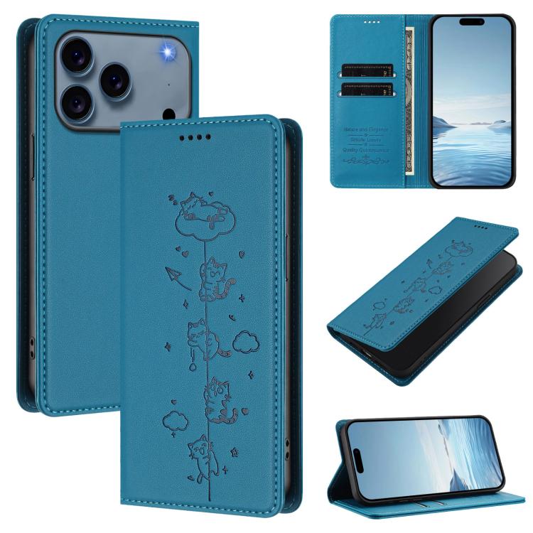 かわいい猫の型押し 磁気 RFID ヴィーガンレザー スマホケース、iPhone 17e / 16e用、iPhone 17 Pro Max用、iPhone 17 Pro用、iPhone 17用